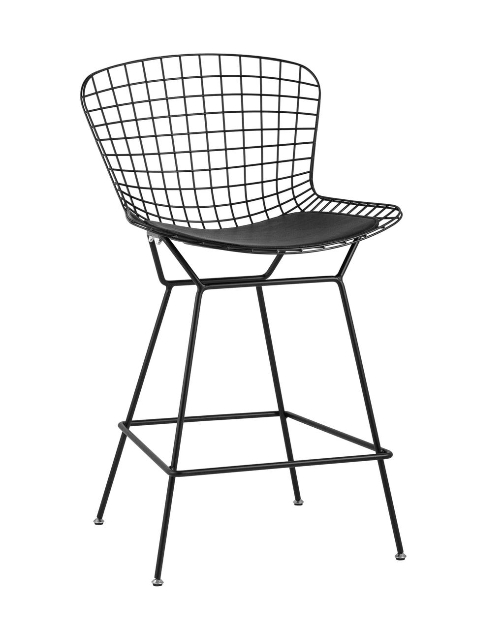 Стул полубарный Stool Group с низкой спинкой Bertoia черный металл с черной подушкой из экокожи
