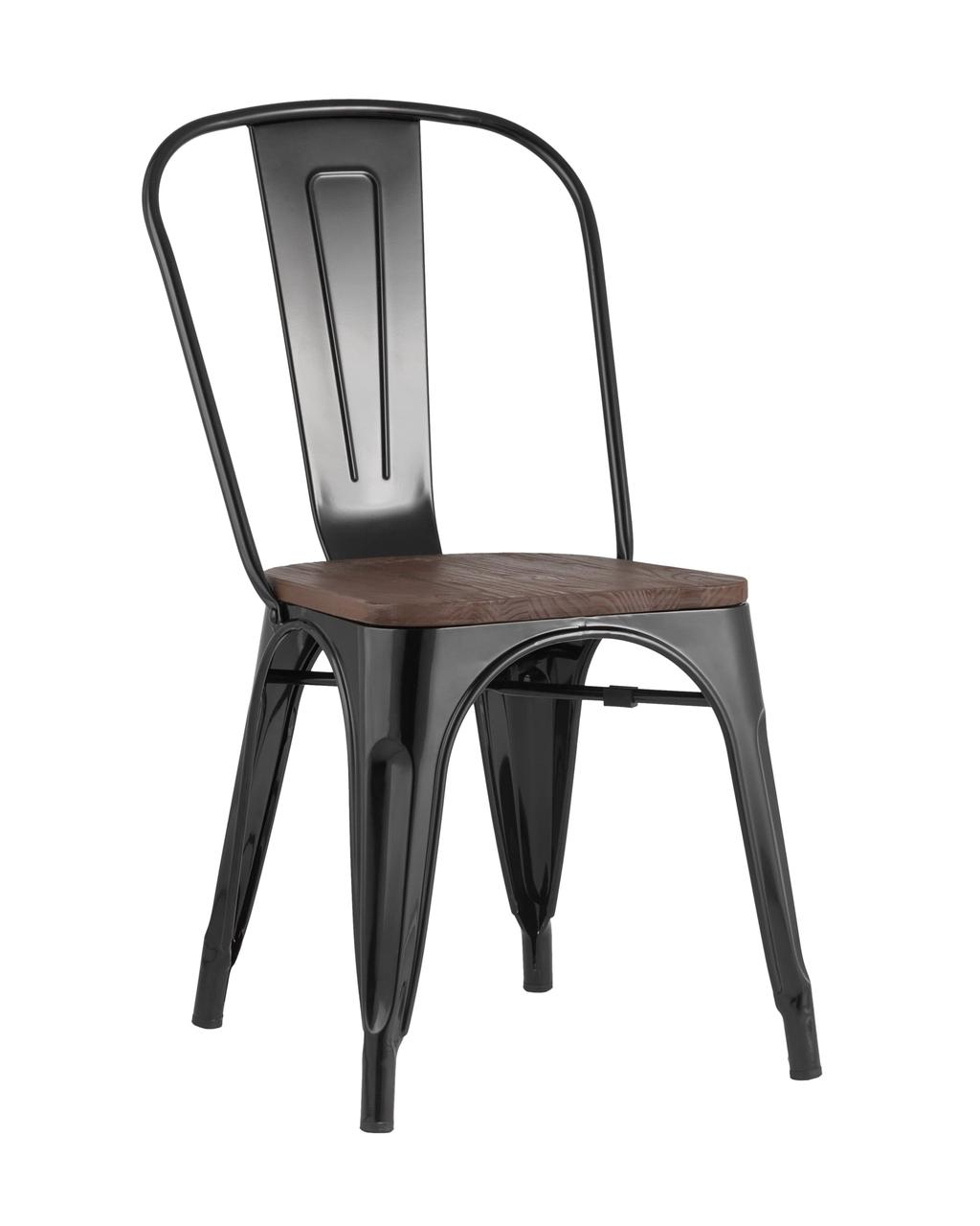 Стул Stool Group Tolix WOOD черный глянцевый, основание и спинка оцинкованный металл, сиденье тёмное дерево