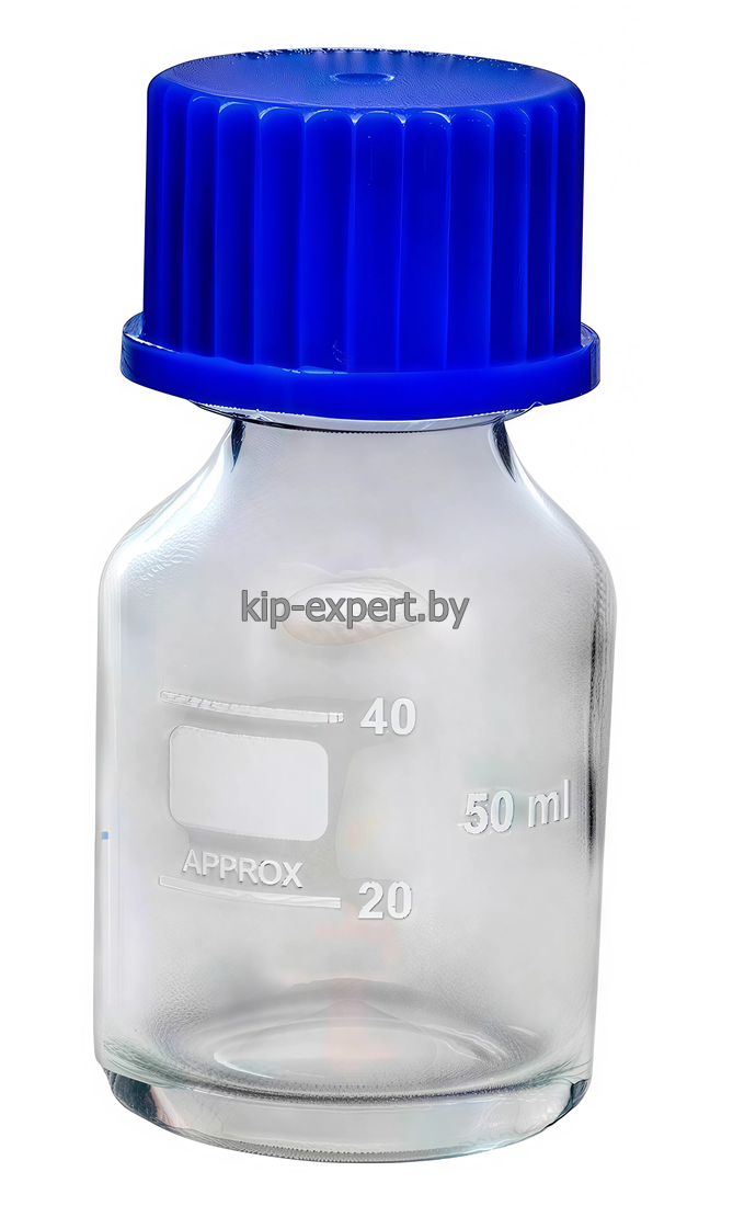 Банка лабораторная из светлого стекла 50 мл с делениями и навинчивающейся полипропиленовой крышкой