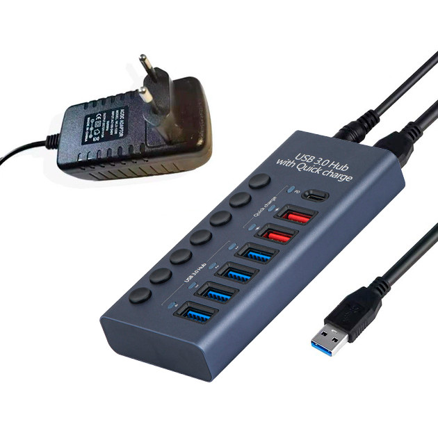 Хаб - концентратор USB3.0 / USB-C 7 портов mod. 985D-7, до 5 Гбит/с, активный 12V3A с кнопками, быстрая