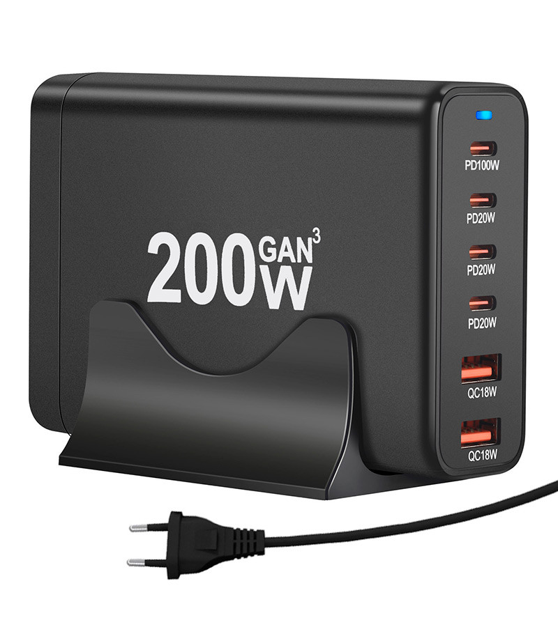 Настольное зарядное устройство - зарядная станция на 6 портов 200W USB-C / USB mod. 1006P200WB, быстрая