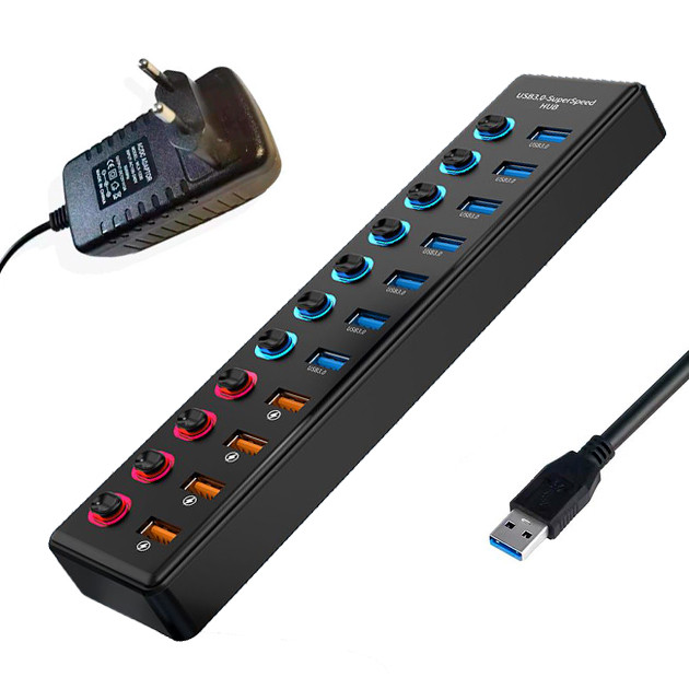 Хаб - концентратор USB3.0 11 портов mod. 611-10/1, до 5 Гбит/с, активный 12V с кнопками, быстрая зарядка,, фото 1