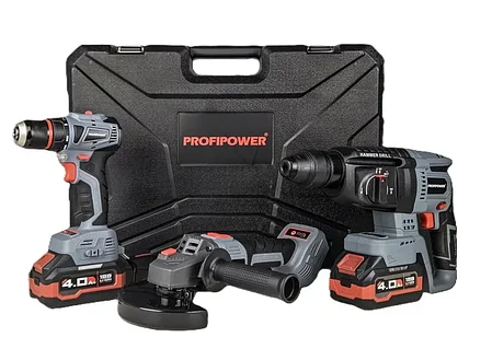 Набор аккумуляторных инструментов ProfiPower 3 в 1 (болгарка, перфоратор, шуруповерт, 2 АКБ 4 А/ч, кейс) E0247, фото 2