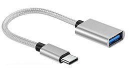Адаптер - переходник OTG USB3.1 Type-C - USB3.0, тканев. кабель, серебро 555657