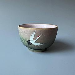 Пиала керамическая с журавлем, зеленая 110 мл