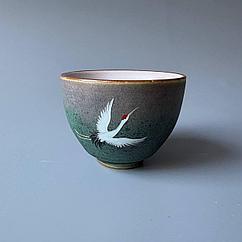 Пиала керамическая с журавлем, зеленая 100 мл