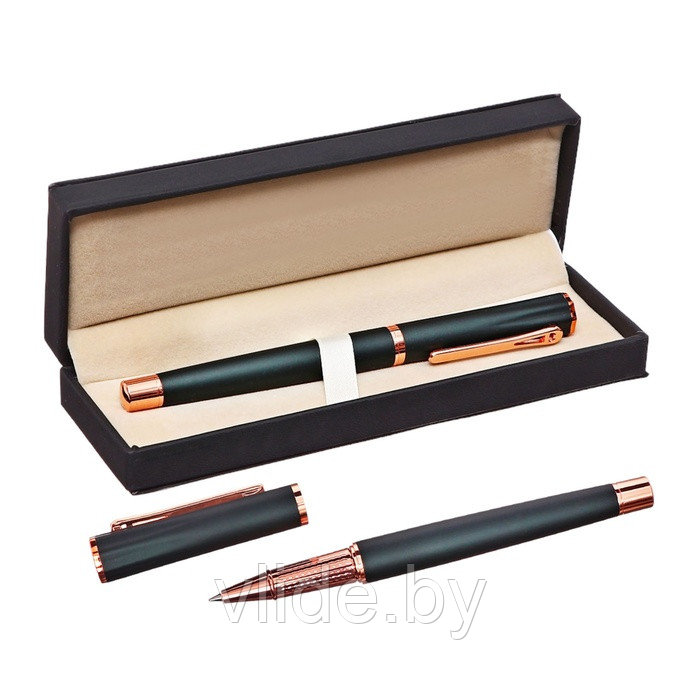 Ручка-роллер подарочная Calligrata, в футляре кожзам, корпус зелёный с медным