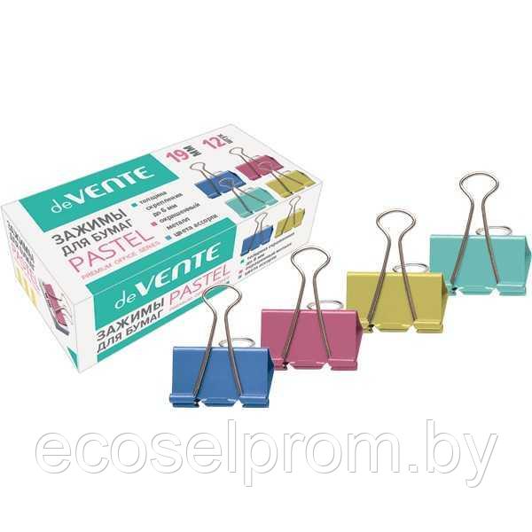 Зажим для бумаг "deVENTE. Pastel" металлический (19мм) цветной ассорти, 12 шт арт.4131314