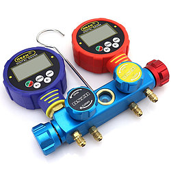 WK-6884-L Четырех вентильный цифровой коллектор со шлангами 150 см  (3 шланга 1/4 SAE, 80 видов фреонов)