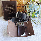 Подарочный бокс: ремень 4см классика + ключница (коричневый цвет), фото 3