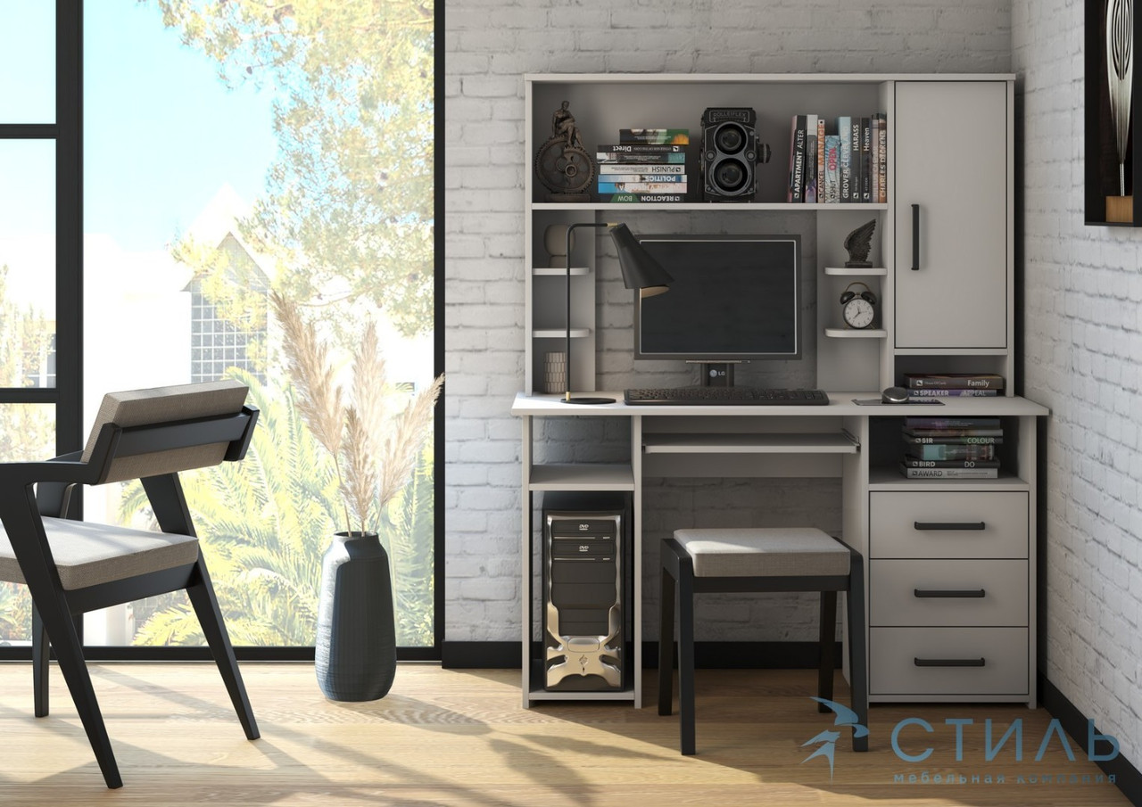 Стол компьютерный Лик-5 с надстройкой (СК-4+ПСК 3/6) - Белый гладкий (Мк Стиль)