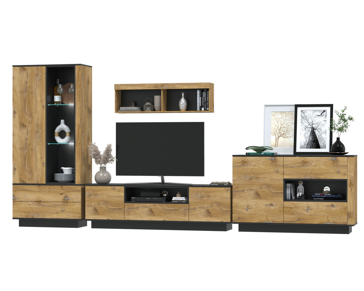 Гостиная Quartz-2 с подсветкой Черный - Дуб нокс