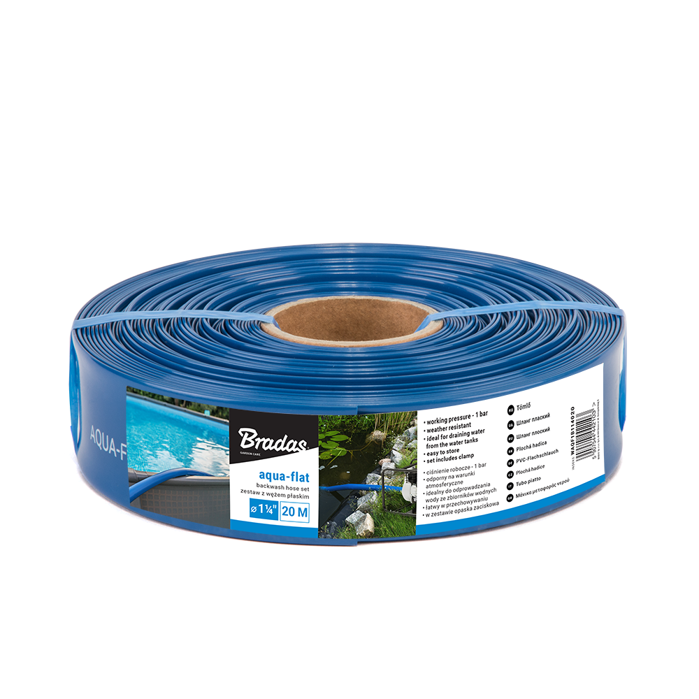 Шланг плоский Aqua-Flat из PE/EVA в комплекте с зажимным хомутом, раб. давл. 1 бар, 1¼" (32мм)- 20 м