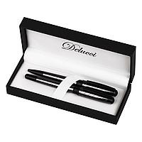 Набор Delucci "Marte": ручка шариковая 1мм и ручка-роллер 0,6мм, синие, корпус титан/черный, подарочная упаков