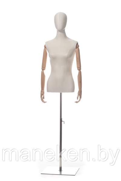 Женский манекен-торс с шарнирными деревянными руками \ 80F-8W, Светлый лен, подставка металл сатин