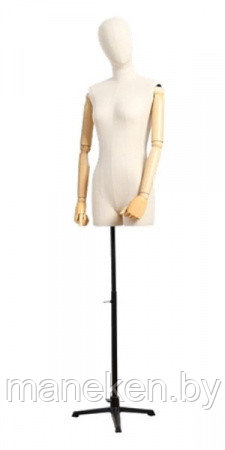 Женский манекен-торс с шарнирными деревянными руками \ 80F-22W, Светлый лен, подставка металл тренога