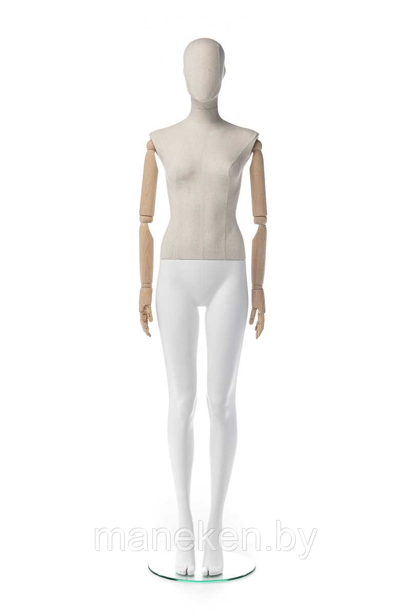 Женский абстрактный манекен с обтяжкой тканью и деревянными руками \ CBF-1YA, Светлый лен \ Белый