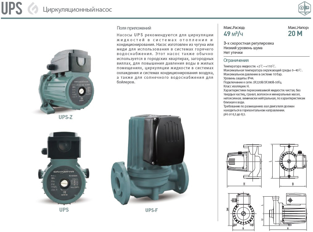 Циркуляционный насос UPS40-12-250TF GRANDFAR