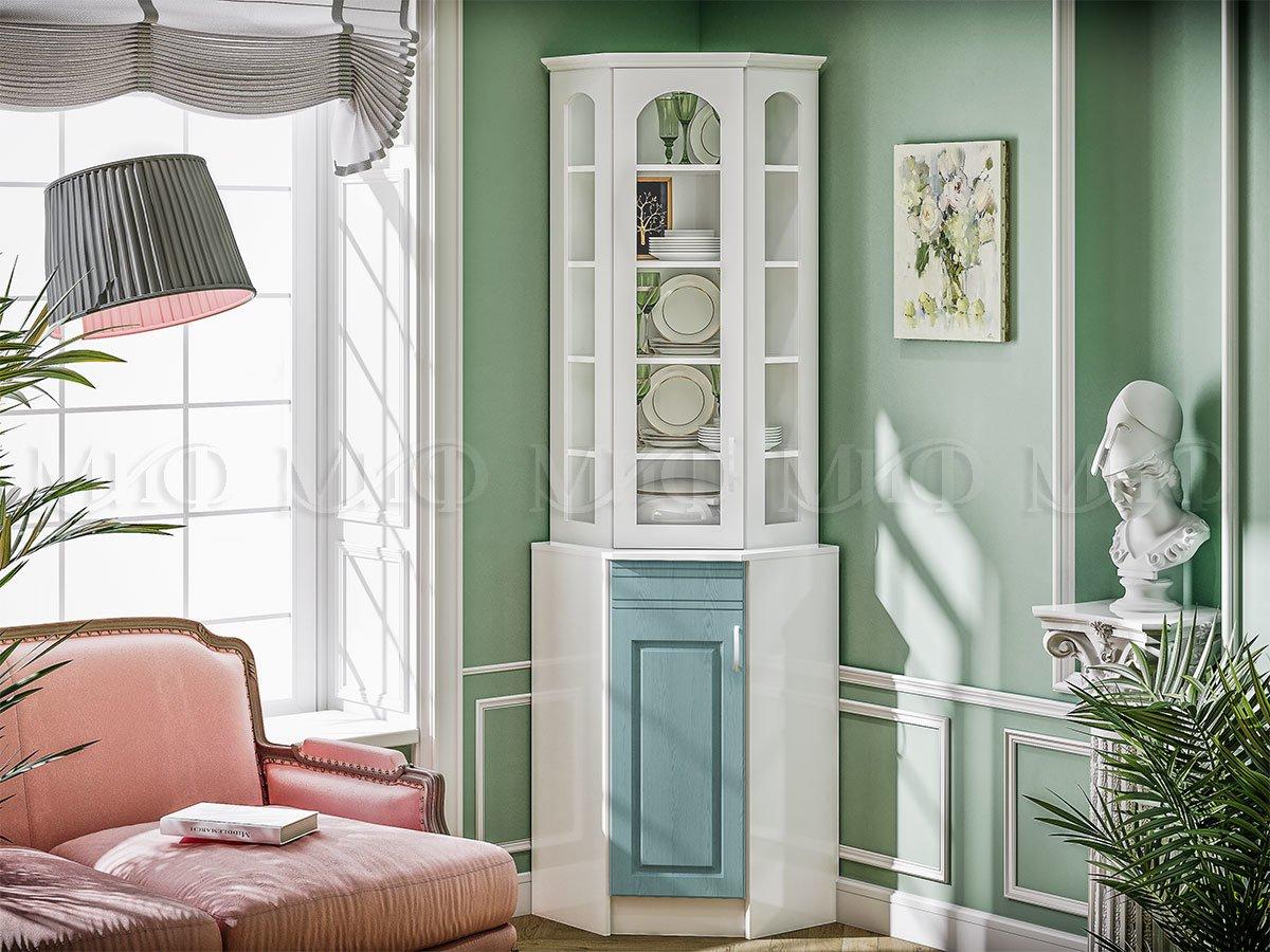 Буфет Констанция угловой белый матовый-голубой