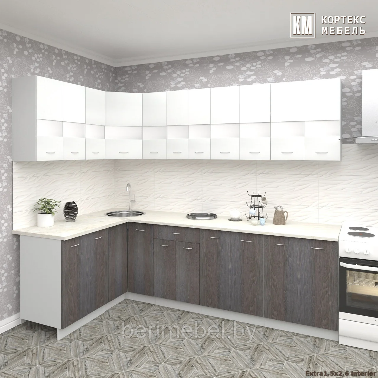 Кухня Корнелия Экстра угловая 1,5х,2,6м, Белый/Берёза КОРТЕКС