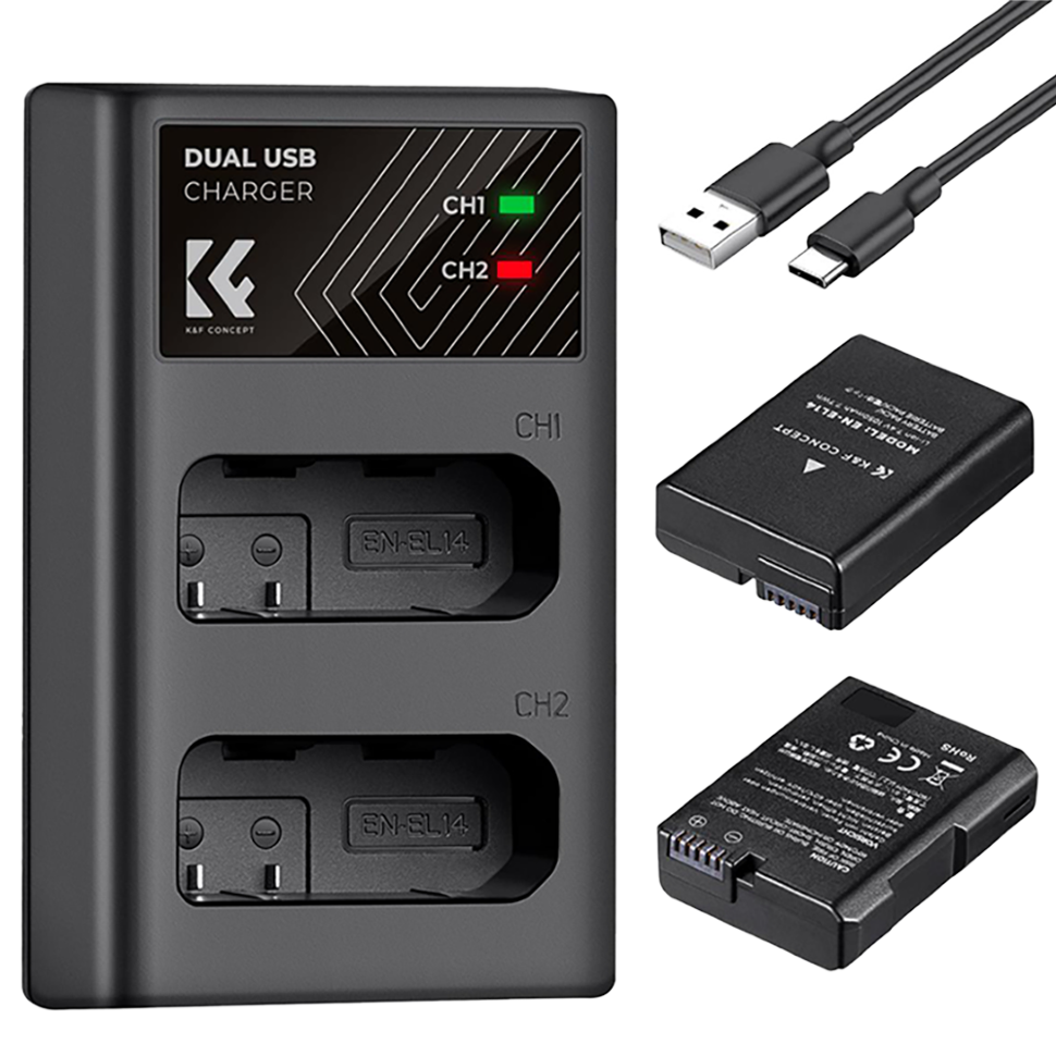 2 аккумулятора EN-EL14 + зарядное устройство K&F Concept KF28.0020