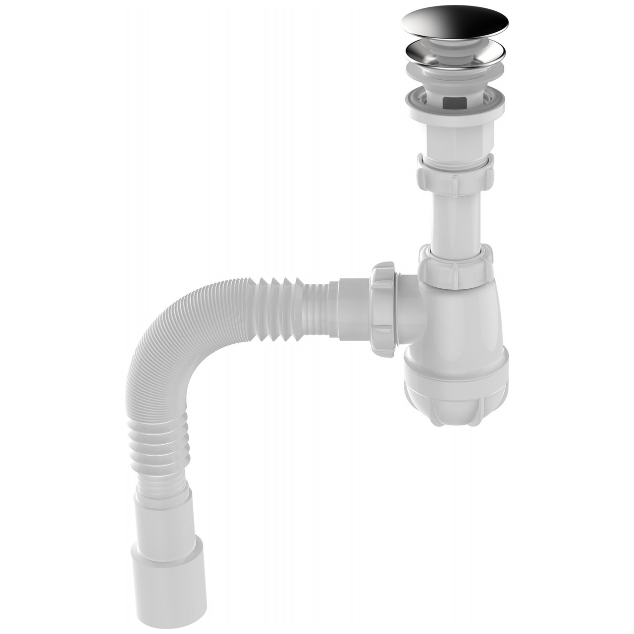Сифон для умывальника мини 1 1/4 КЛИК-КЛАК ХРОМ с переливом, с гибкой трубой 40/50 мм