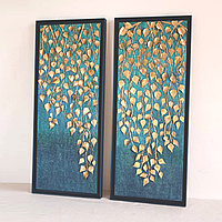 Картины диптих "Золото берёз" с объёмными листьями и ветвями. Интерьерные картины на холсте.
