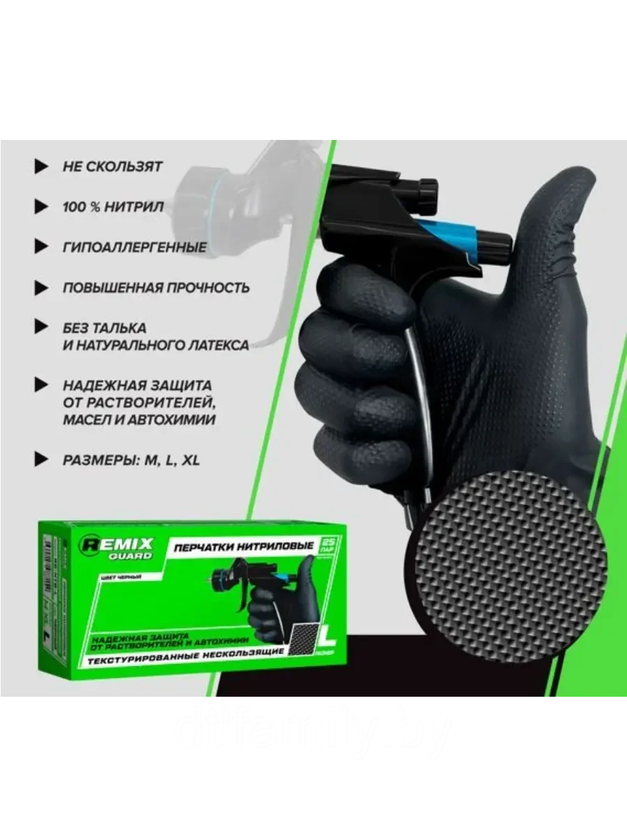 REMIX GUARD Перчатки нитриловые нескользящие, цвет черный, размер XL, 25 пар/упак