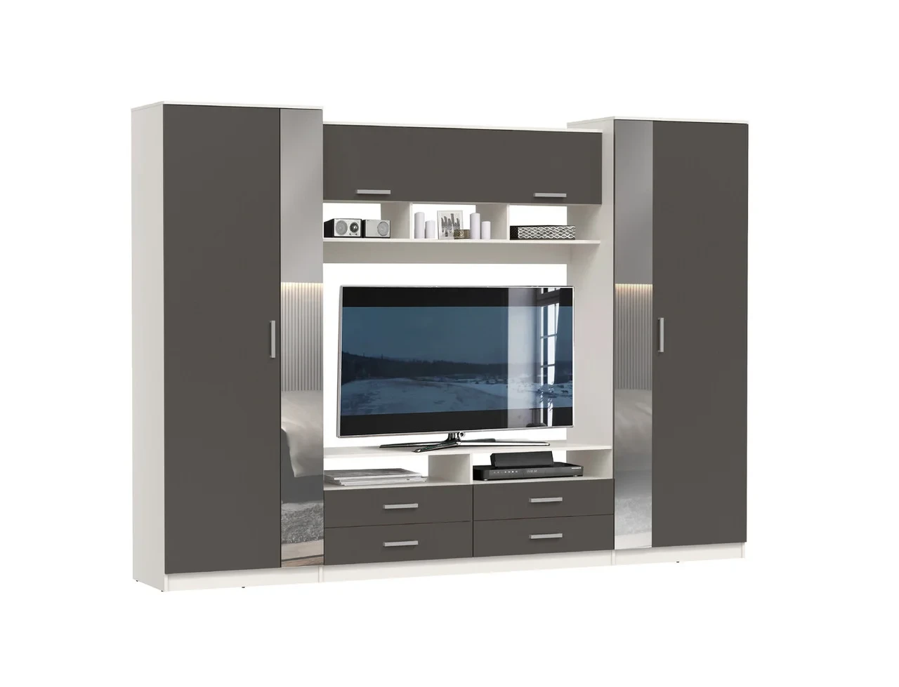 Стенка Вена 91.01 с зеркалом (диамант серый/белый) Олмеко