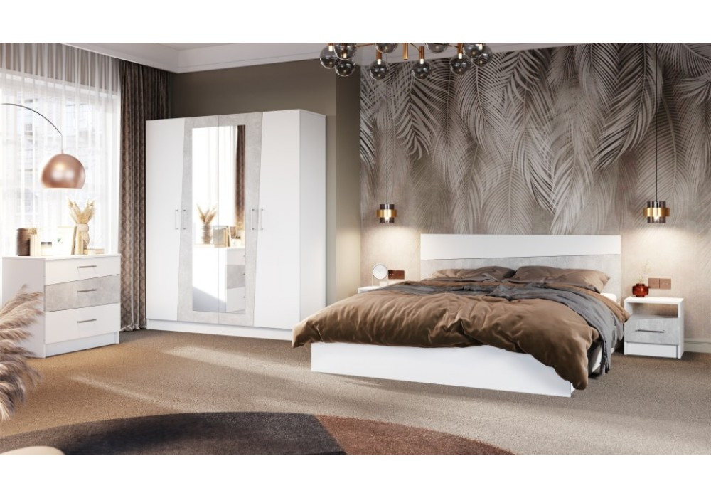 Модульная спальня Антария с 4-х дверным шкафом (Белый жемчуг/Ателье светлый)