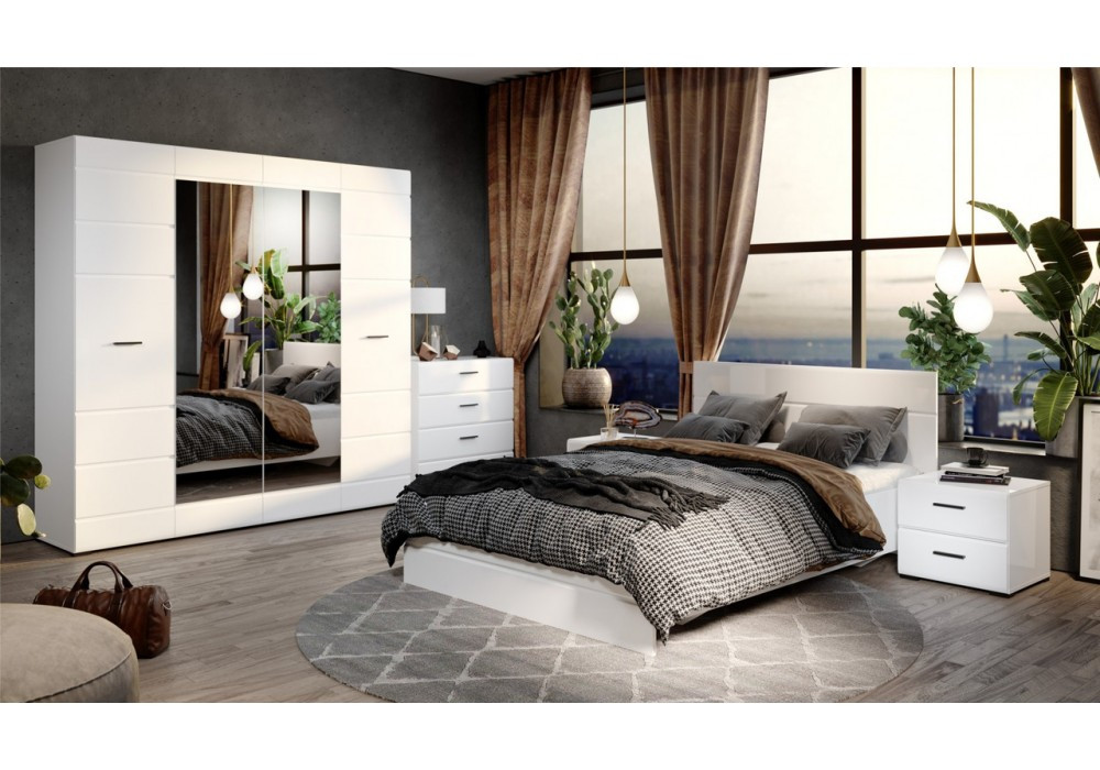 Модульная спальня Йорк с 4-х дверным шкафом (Белый/белый глянец)