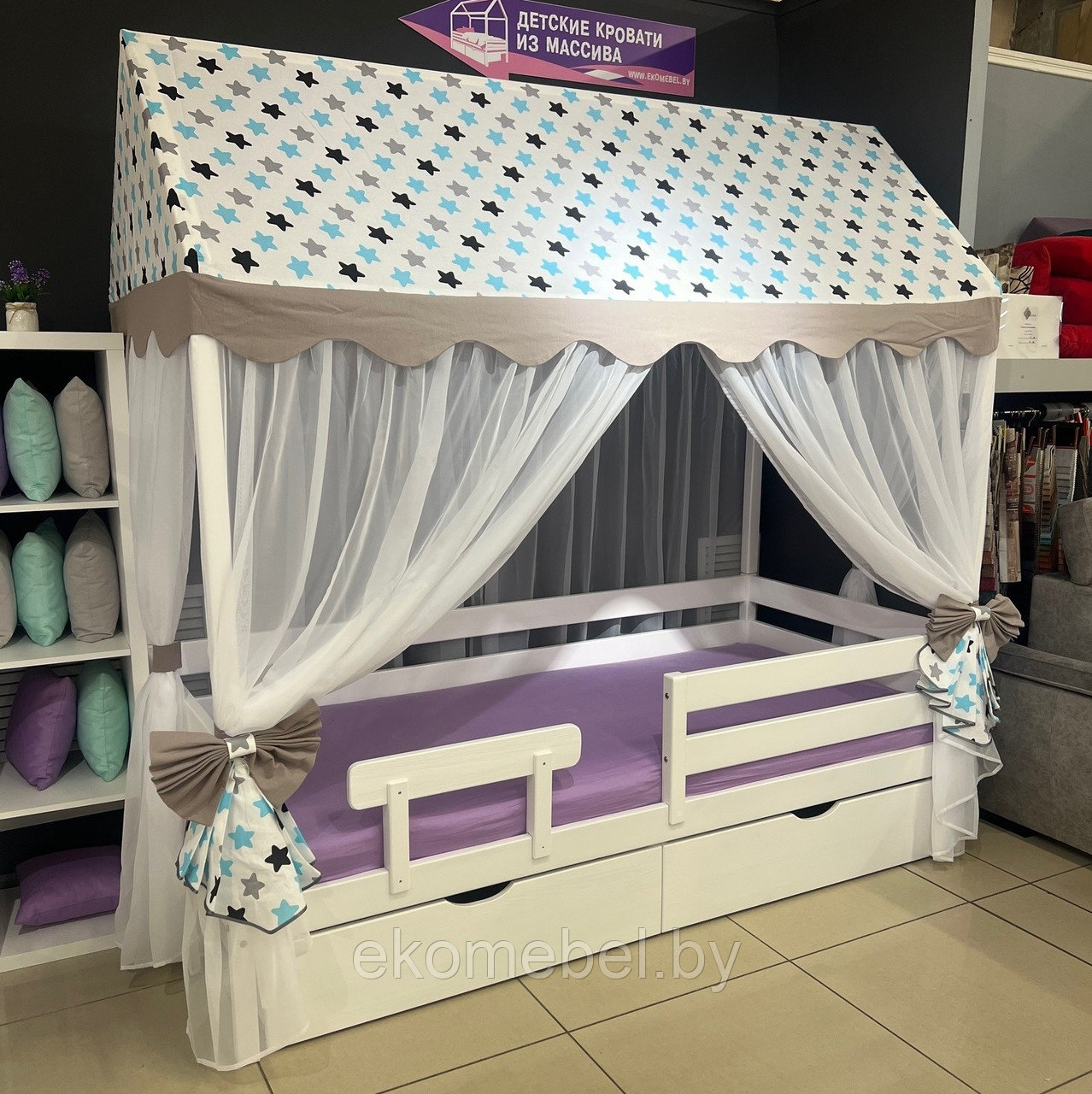 Кровать-домик "Альма" с ящиками и доп. бортиком (80х160, 80х180, 90х200 см) Массив сосны