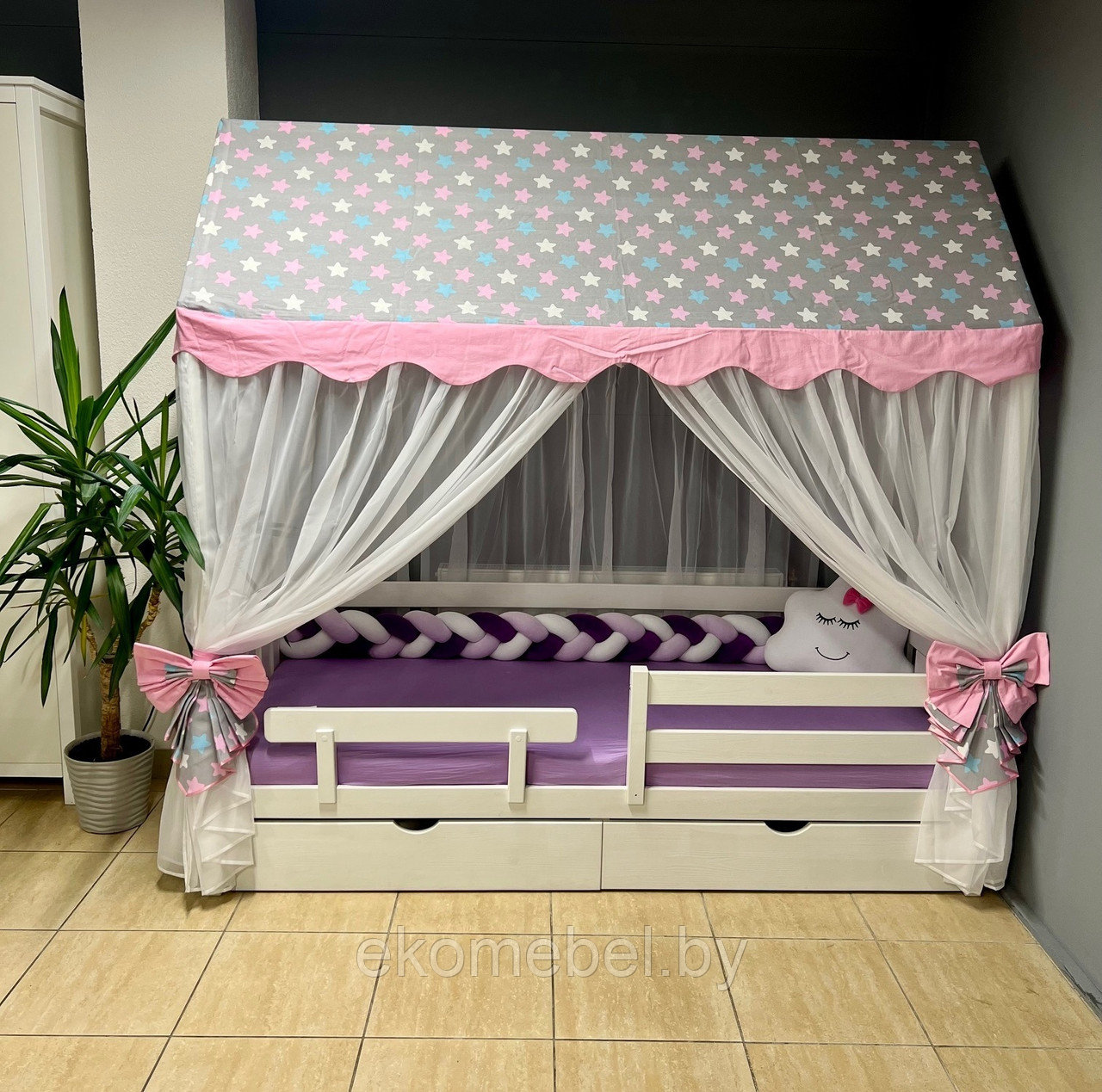 Кровать-домик "Альма" с ящиками и доп. бортиком (80х160, 80х180, 90х200 см) Массив сосны