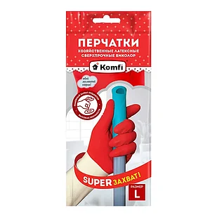 Перчатки хозяйственные латексные Komfi СВЕРХПРОЧНЫЕ БИКОЛОР (белый+красный), 1 пара L