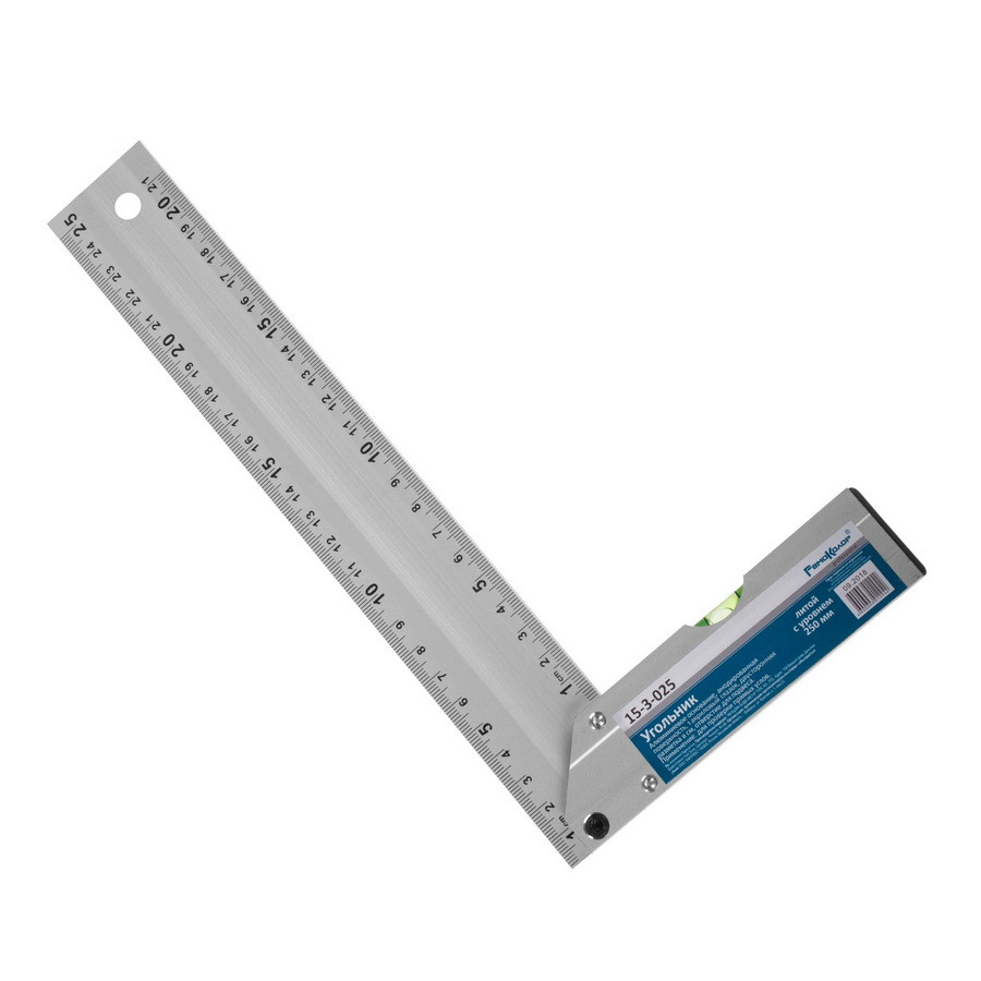 Угольник алюминиевый литой с уровнем, 1 акриловый глазок, двусторонняя разметка в см, 250мм - 15-3-025