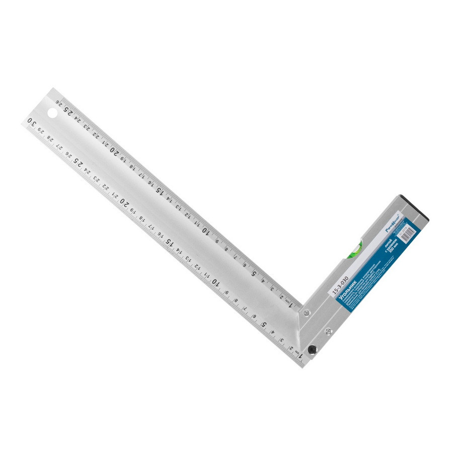 Угольник алюминиевый литой с уровнем, 1 акриловый глазок, двусторонняя разметка в см, 300мм - 15-3-030