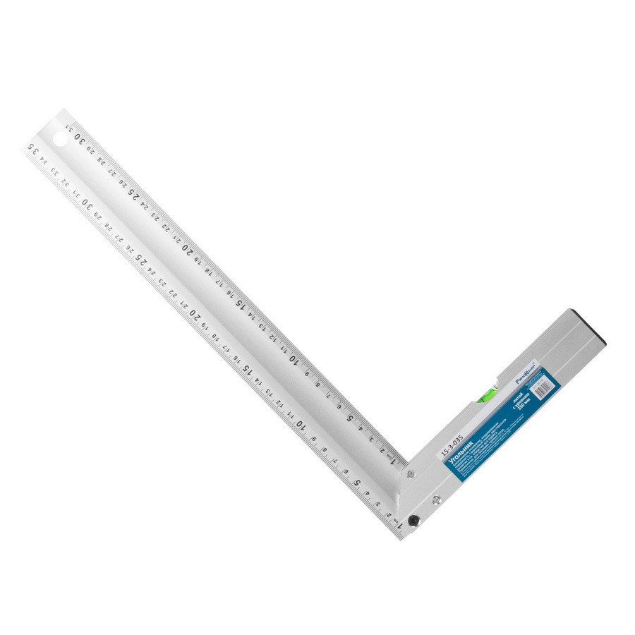 Угольник алюминиевый литой с уровнем, 1 акриловый глазок, двусторонняя разметка в см, 350мм - 15-3-035