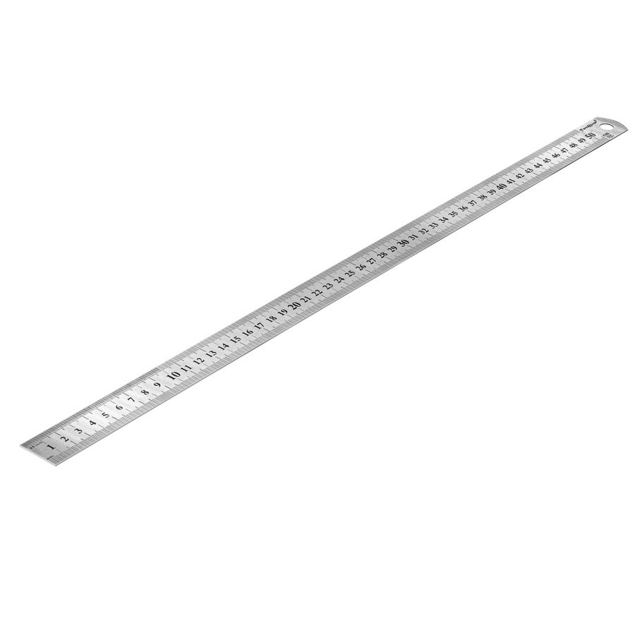 Линейка металлическая нерж. сталь, 2 метрич. шкалы в см (сверху и снизу), отверстие , 500мм - 15-6-050