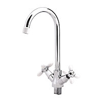 Смеситель ECO двухвентильный, для кухни, гайка, латун. кран-букса,бел. ручки, B59-071A - 67-6-004