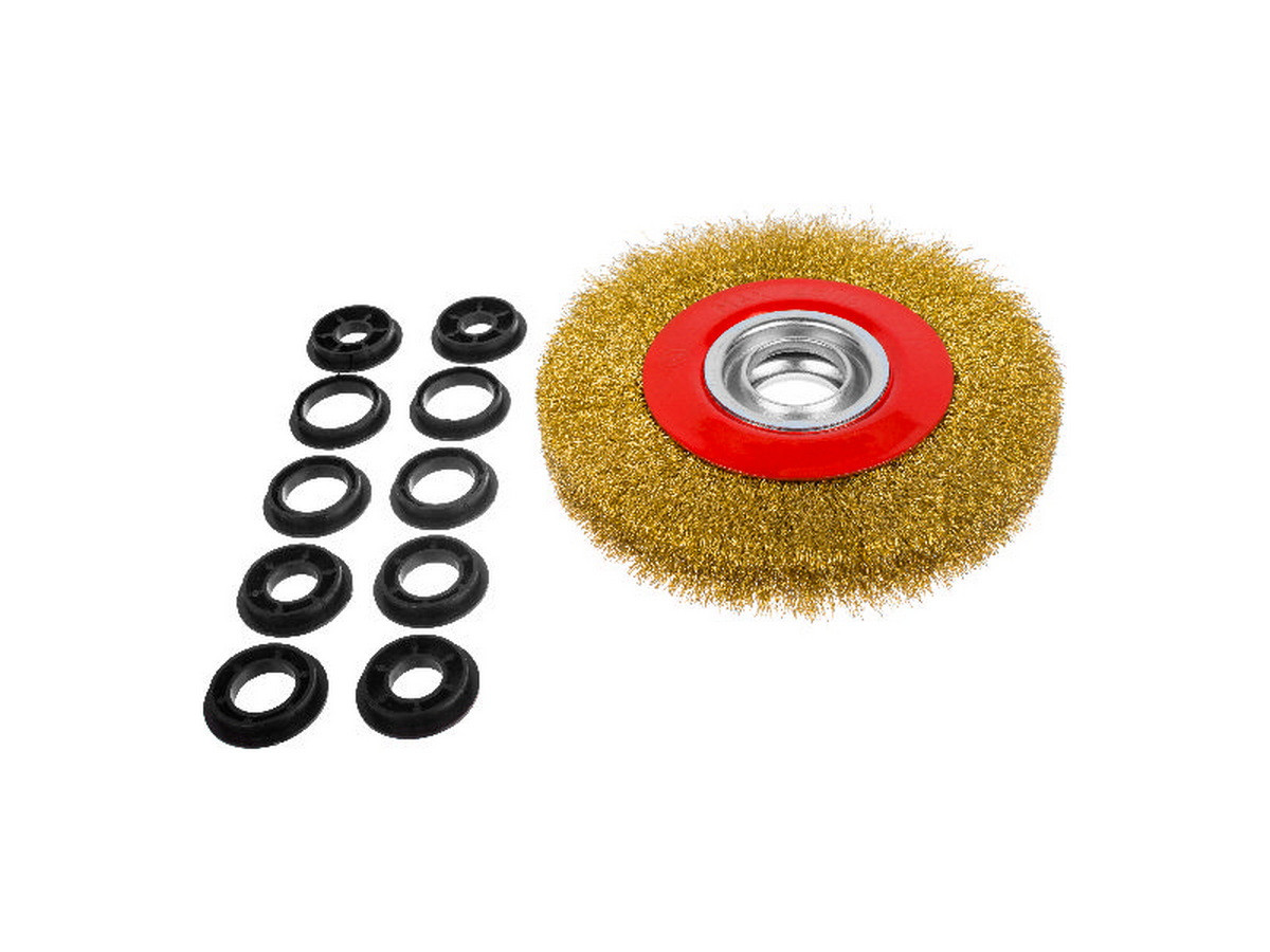 Щетка-крацовка дисковая, усиленная, переходные кольца d=25,22,19,15,12 мм - 2 шт, d=150мм - 45-2-615