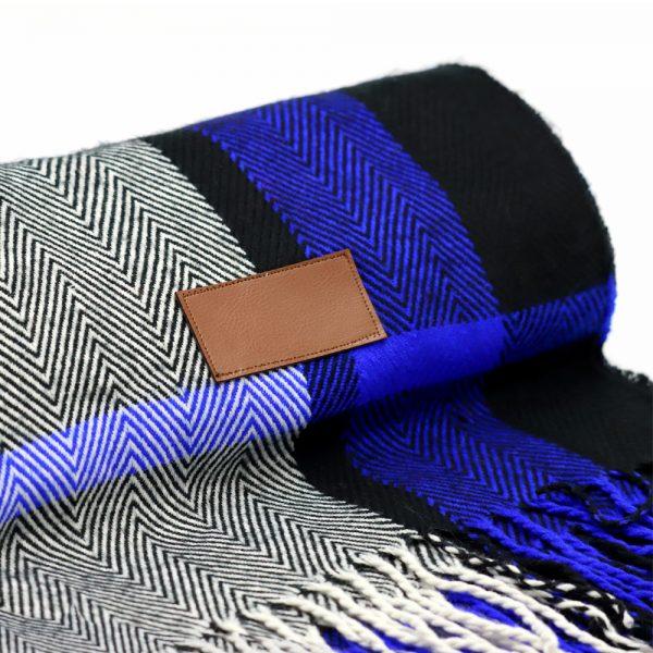 Синий клетчатый плед с бахромой для нанесения логотипа