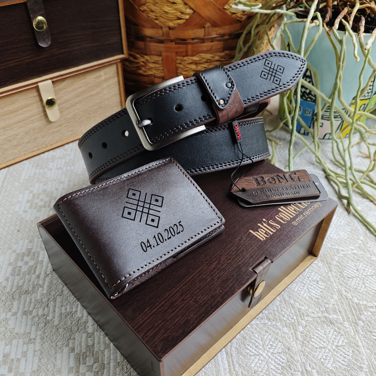 Мужской набор: ремень BeNG 4см + кошелёк зажим коричневый