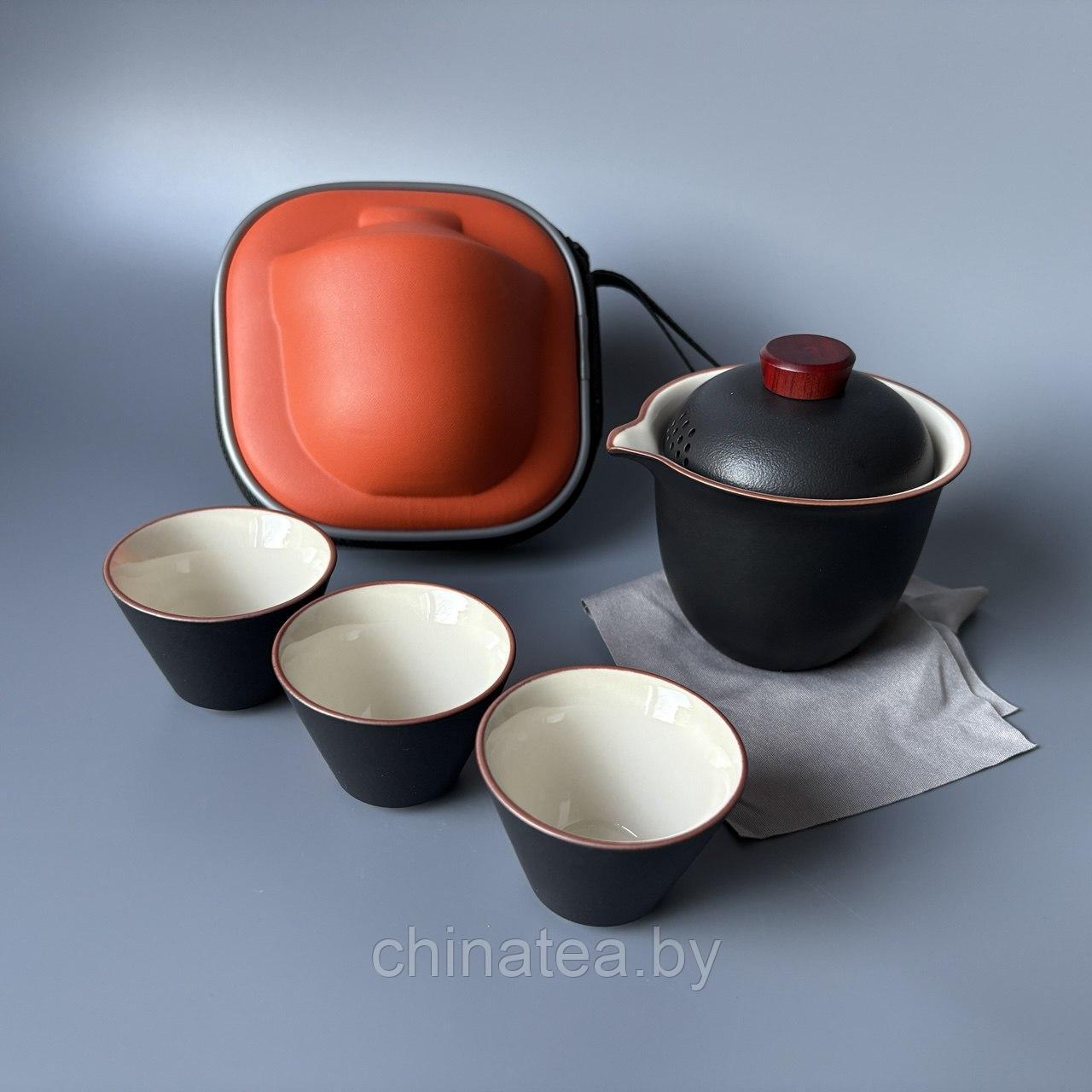 Дорожный набор гайвань + 3 пиалы, в оранжевом чехле