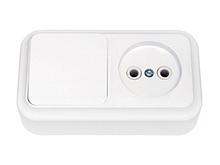 Блок выкл. 1 клав. + розетка (открытая, б/з) белая, Пралеска, BYLECTRICA