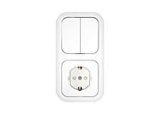Блок выкл. 2 клав. + розетка (скрытая, с/з, со шторками) белая, Гармония, Bylectrica
