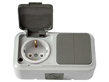 Блок выкл. 2 клав. + розетка (открытая, с/з, брызг. защ.) серая, Пралеска Аква, Bylectrica