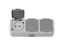 Розетка 3-ая (открытая, б/з, брызг. защ.) серая, Пралеска Аква, Bylectrica