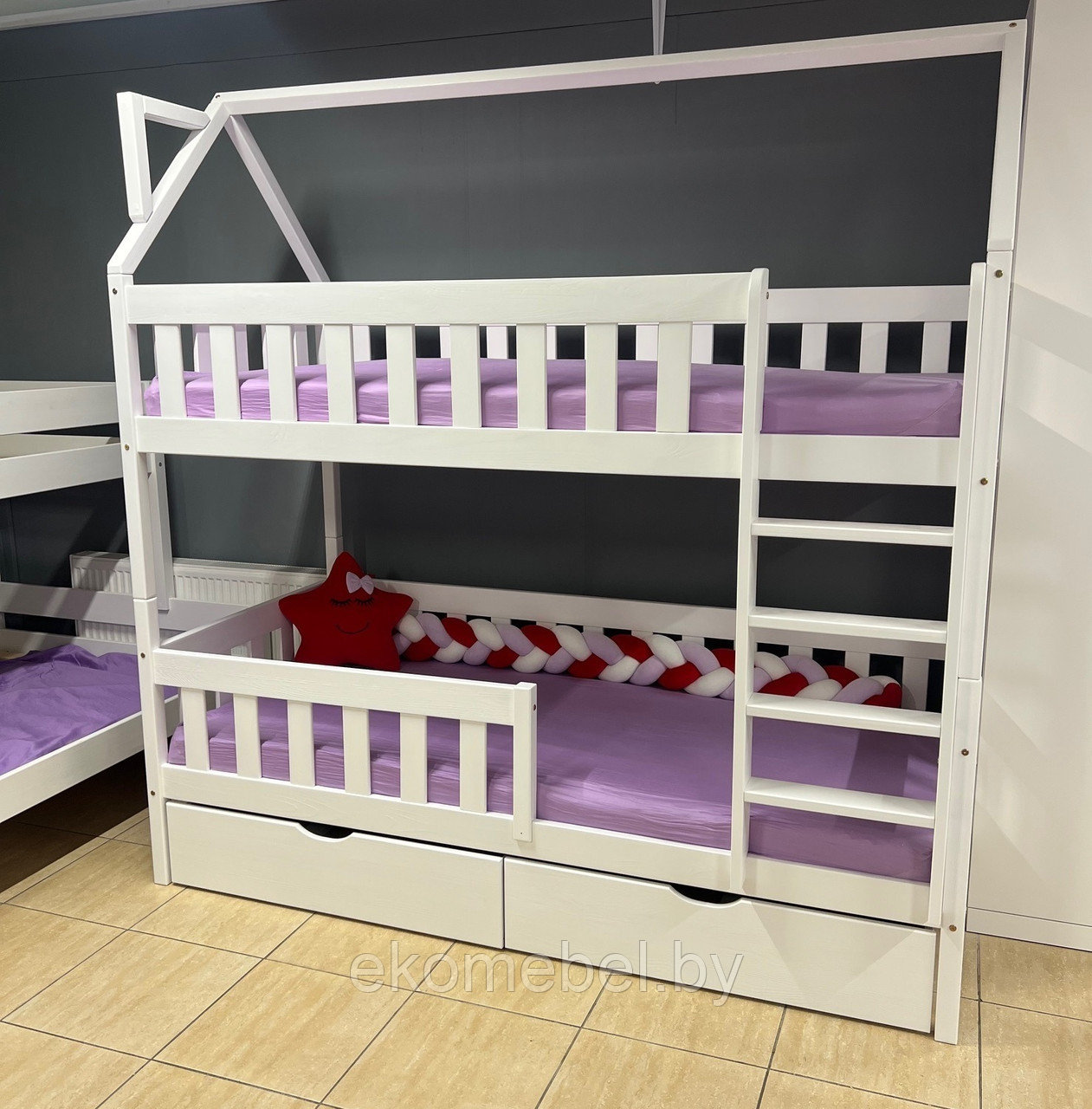 Двухъярусная кровать с ящиками и крышей "Грэйси" (80х160, 80х180, 90х190, 90х200 см) Массив сосны