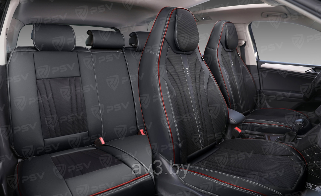 Накидки 5D PSV Sport (Черный/Кант красный), комплект на весь салон, экокожа + текстиль