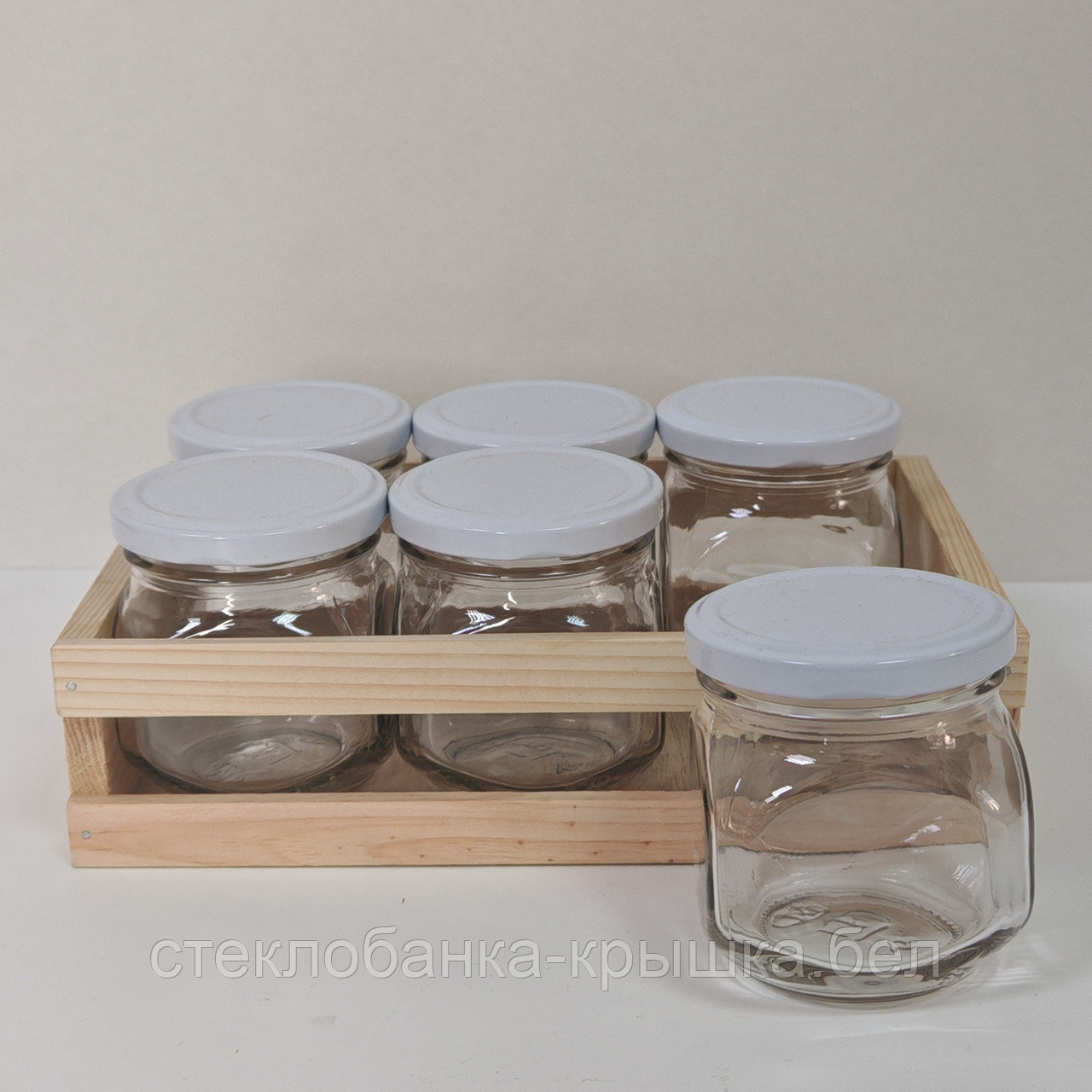 НАБОР БАНОК 6 СТЕКЛЯННЫХ БАНОЧЕК 200МЛ С КРЫШКАМИ В ДЕРЕВЯННОМ ЯЩИЧКЕ